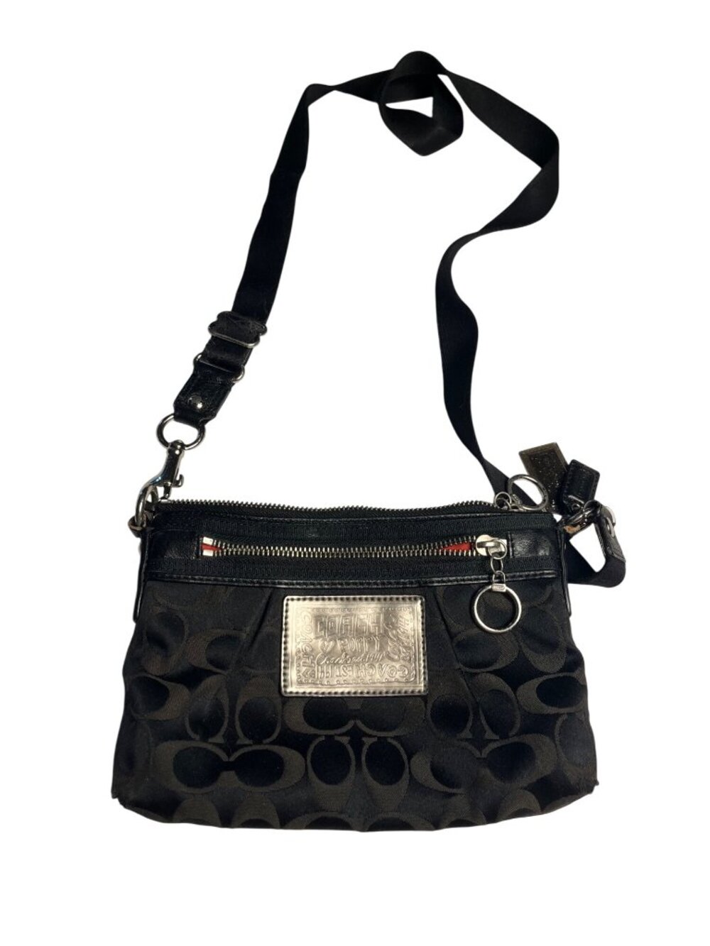 Coach Poppy Black Jacquard Mini Crossbody Bag Red Interior Silver-Tone Hardware